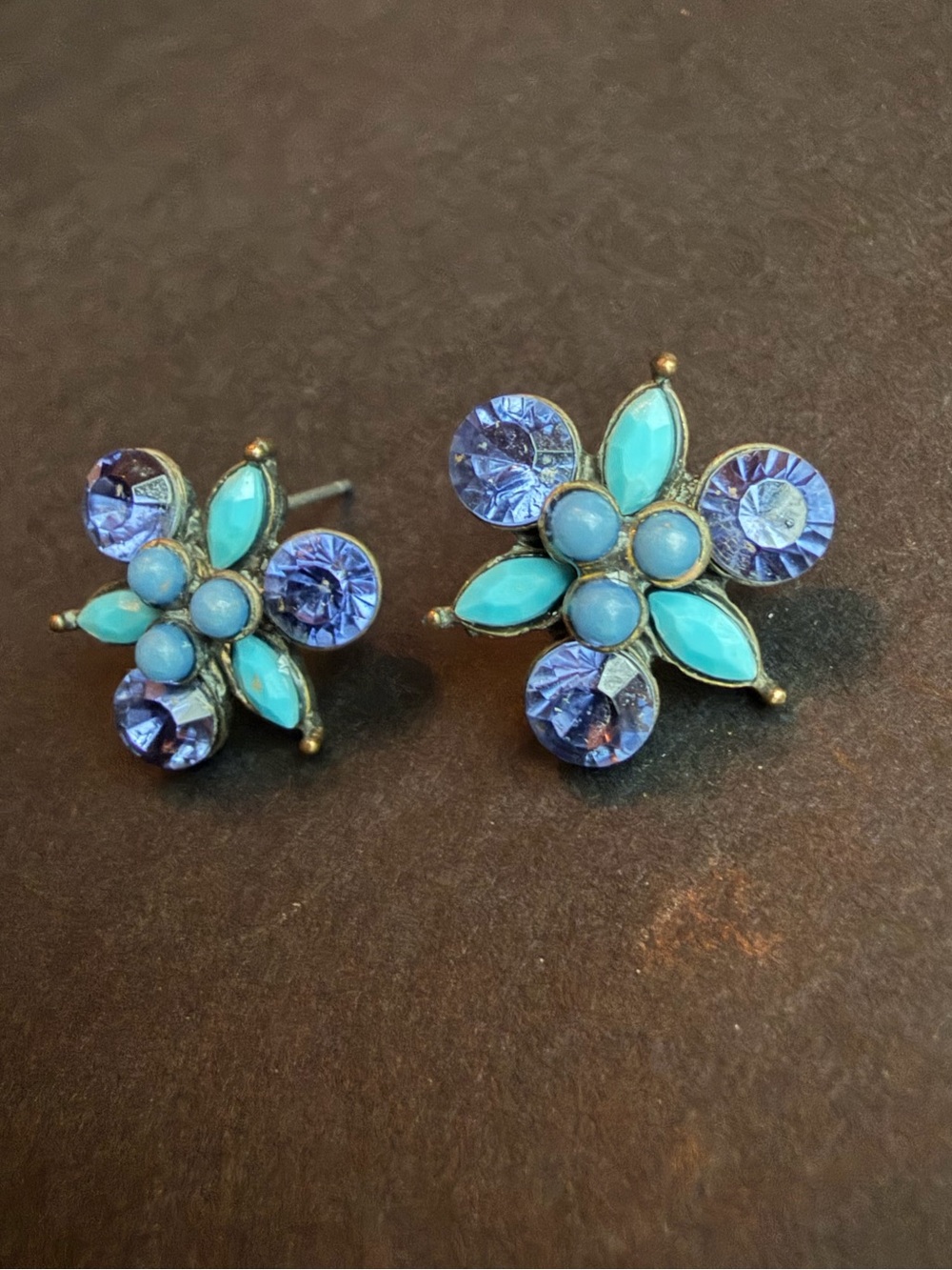 Vintage Boho Blue Crystal & Teal Stone Floral Stud Earrings